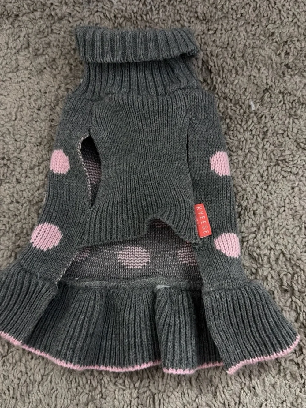 Gray Knit Dog Sweater with Pink Polka Dots and Pom Poms